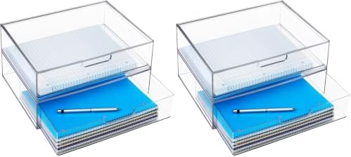 STORi STAX Plastic Stackable Organizer Drawers (Set of 2) Clear | 12.5" Wide | Set Includes Two Open Drawer | Organize Office Desk Accessories & Sort Paper | Made in USA (Pack of 2)