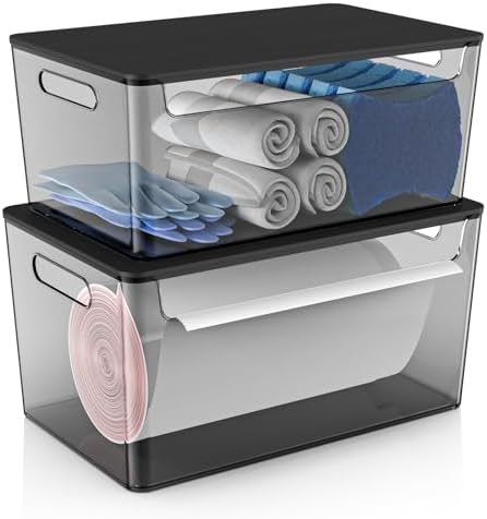 COAZEX 2 Pack Stackable Plastic Trash Bag Holder with Black Lids Under Sink