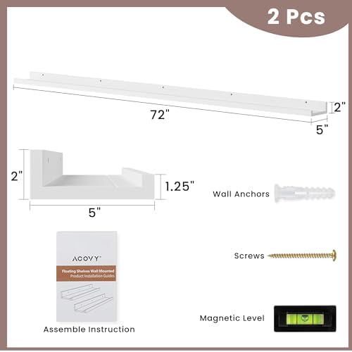 Acovy Long Floating Shelves for Wall, 72 inch Solid Wood Picture Ledge Shelf, Picture Shelf for Wall with Ledge, Floating Book Shelves for Living Room Bedroom Kitchen Nursery Decor, White, Set of 2