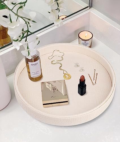 HofferRuffer Faux Leather Round Serving Tray, Vegan Croco Leather Decorative Tray, Food Tray for Storage Drinks, Snack &