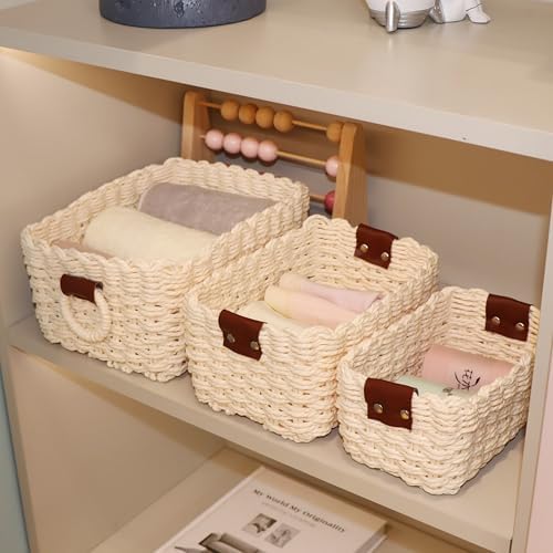 QINGTUHONE Woven Paper Rope Wicker Basket for Organizing(Set of 3,Beige)
