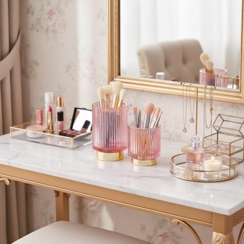 Glass Makeup Brush Holder Organizer, Gold Toothbrush Holders for Bathroom, Pink Makeup Brush Holder Cup for Vanity, Desk