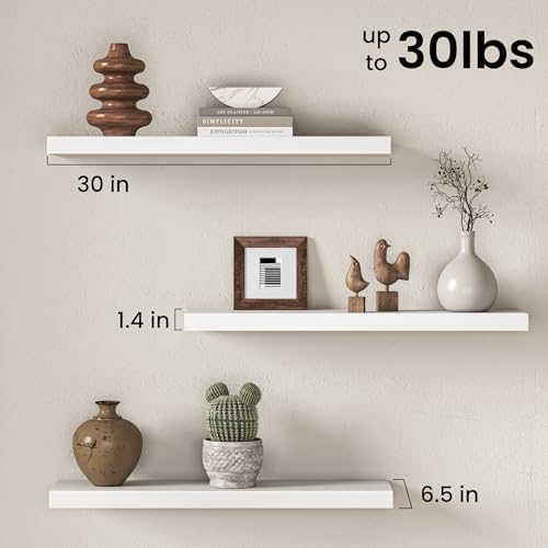 30 Inch Floating Shelves for Wall, Rustic Wood Wall Mounted Deep Storage Shelves with Invisible Brackets, Large Decorati