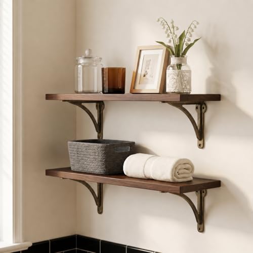 Khtumeware 100% Solid Brass Decorative Shelf Brackets, 7-inch Wall-Mounted Shelving Brackets, 2-Pack Brushed Antique Bra