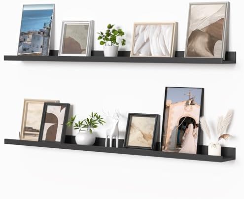 Heimlove Picture Ledge Shelf, Floating Shelves Set of 2, 48 Inches Picture Shelf for Wall with Ledge, Kids Bookshelf Wall Mounted for Living Room Bedroom Decor Books Photo Frames, Black