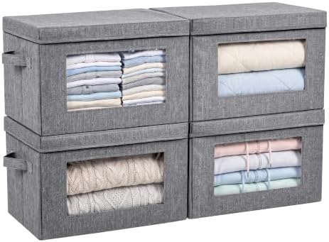 4-Pack Large Storage Bins with Lids & Clear Window, Foldable Fabric Closet Organizer Boxes, Stackable Cube Baskets with 