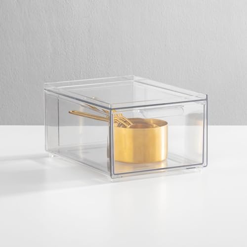 mDesign Stackable Storage Containers Box with Pull-Out Drawer - Stacking Plastic Drawers Bins for Kitchen Pantry and Cup