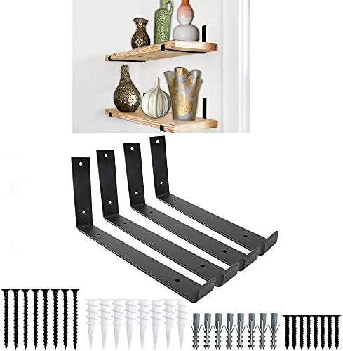 Shelf Brackets 4 Pack Heavy Duty Floating 12.0" L x 6.0" H x 1.5" W (Fits: 11.25" Board) Black Metal Shelves Wall Mounte