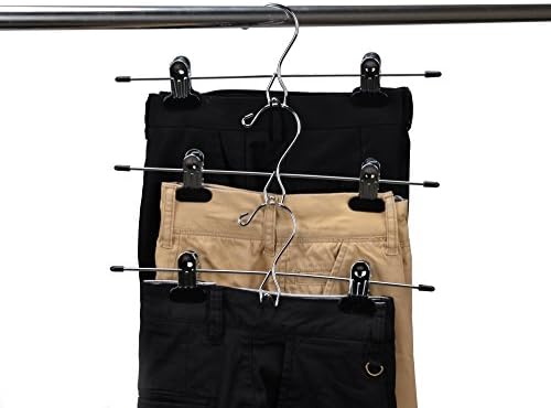 24 Quality Pants Hangers Heavy Duty Add-on Skirt/Slack Metal Hanger, Extra Wide Adjustable Clips, Multi Stackable Add on Hangers, Chrome, Jeans, Bottoms (24)