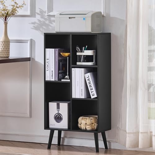 LEYAOYAO 5 Cube Bookshelf, Mid-Century Modern Book Shelf with Legs, Black