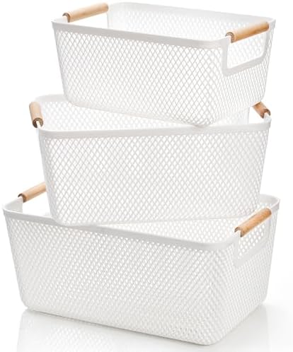 3 Pack Plastic Mesh Basket, White Weave Baskets with Wooden Handles