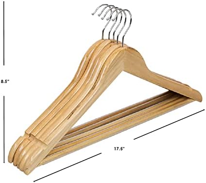 Home Basics 5 Pack Wooden Non-Slip Suit Hangers with Pants Bar – Smooth Finish Solid Wood Coat Hanger 360° Swivel Hook a