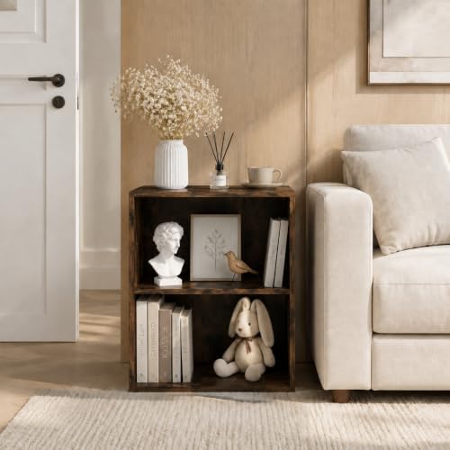 POWERSTONE 2 Tier Bookshelf, Cube Open Bookcase, 2PCS Rustic Brown