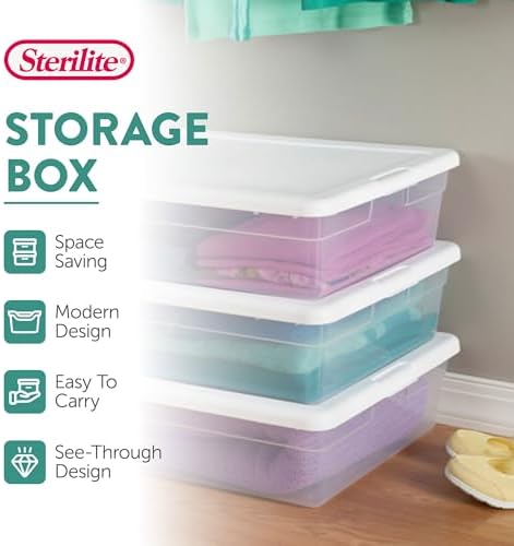 Sterilite 40 Pack Storage Box, 28 Quart Stackable Tote, Clear Plastic Container with Secure Snapping Lids for Home and O