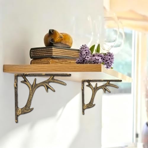 2PCS Cast Iron Deer Antler Wall Shelf Brackets, 6.2in (H), Black & Gold