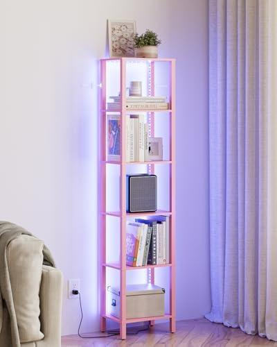 Open Book Shelf with LED Lights, 6 Tier Tall Bookshelf, Freestanding Shelf Narrow Bookcase with Open Shelves, 14.57" x 1