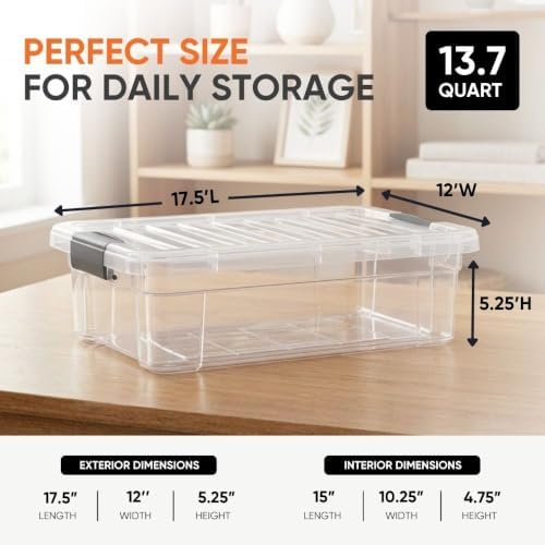 Superio 13.7 Quart Clear Plastic Storage Bin with Lid, Stackable Organizer Box, BPA-Free Storage Container for Home, Gar