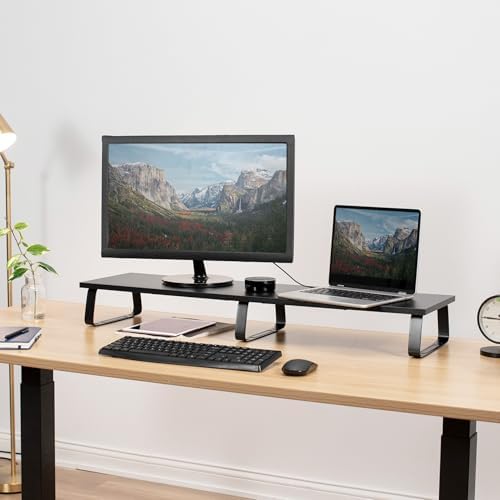VIVO 39 inch Extra Long Monitor Stand, Wood & Steel Desktop Riser, Dual Screen, TV, Keyboard, Laptop, Ergonomic Desk and
