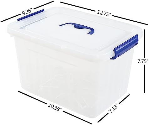 Anbers 12 Quart Clear Plastic Bin with Lid, Latching Box with Blue Handle