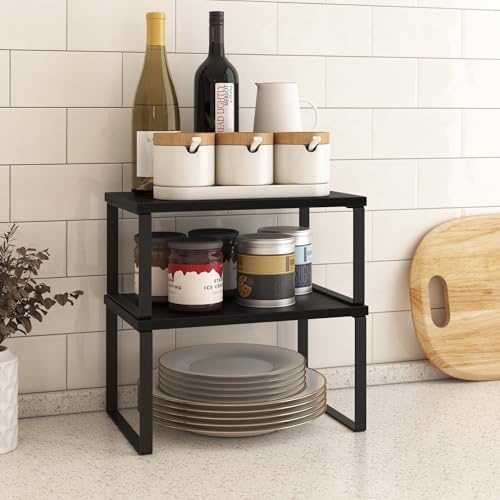 Kitchen Cabinet Organizer Shelf Set of 4, Sturdy Kitchen Counter Shelves with Metal Legs, Stackable Expandable Wood Spic