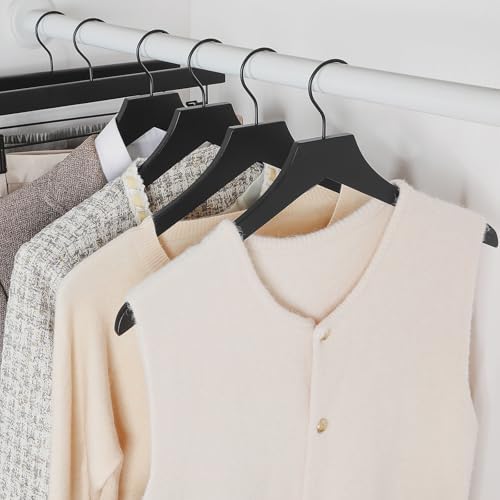 TOPIA HANGER Wooden Hangers 20 Pack, Rubber Wood Clothes Hangers with Rotatable Black Hook and Smooth Cut Nothces, Durab