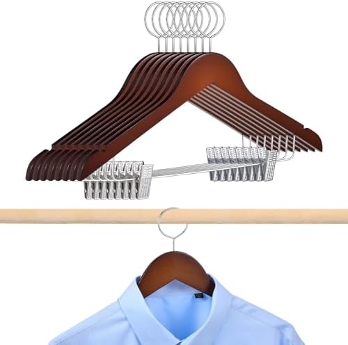 AceOrbit 8 Pack Wooden Security Hangers with Clips 16.3" Hotel Suit Hangers with Anti Theft Ring Hook for Hotels RVS Clo