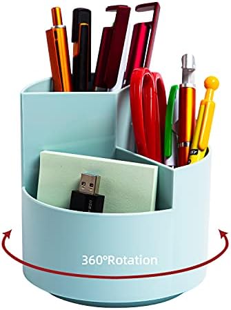 Desk Pencil Pen Holder, 3-Slot 360 Spinning Desk Organizer, Cute Pencil Cup Pot for Office, School, Art Supply - Blue
