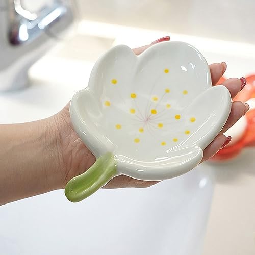 Self-Draining Soap Dish Flower Shaped Cute Shower Soap Container for Kitchen, Bathroom, Bedroom, Tulip, White