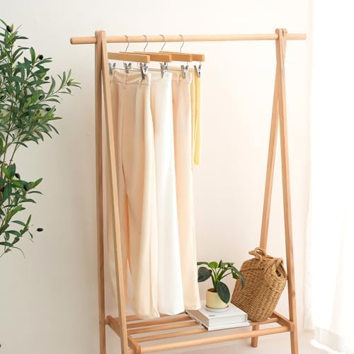 BAGAIL 20 Pack Wooden Pants Hangers with Adjustable Clips, 360°Swivel Hook Space Saving Skirt Holders with Anti-Rust Clips for Trousers, Jeans, Shorts (Natural)