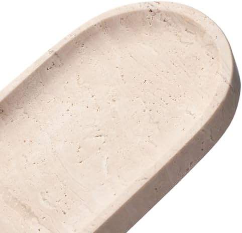 Oval Travertine Stone Tray for Jewelry, Candles, Perfume, Decorative Marble Bathroom Tray for Countertop Organizer 9.8in
