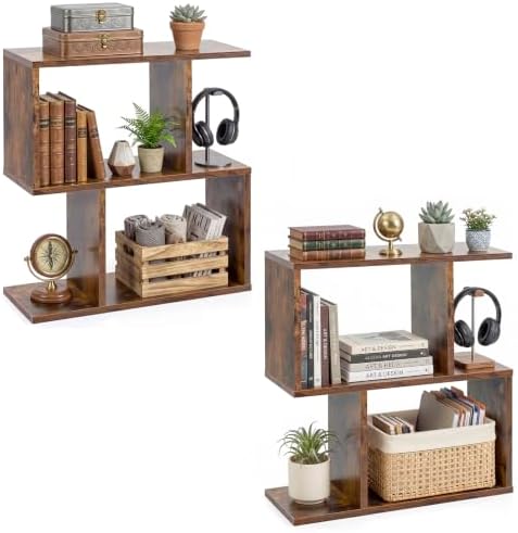 Tangkula 3 Tier Geometric Bookshelf, S Shaped Open Bookcase (Coffee, 2)