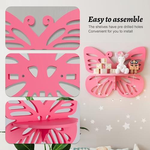 2-Tier Butterfly Wall Shelf - Nursery Decor Pink Floating Corner Shelves, Cute Wall Display Rack Bookshelf for Kid’s Roo