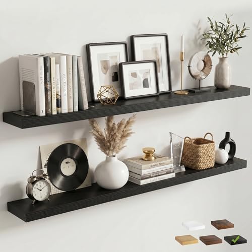 55 Inch Floating Shelves for Wall, 6.5"D Wood Storage Shelves, Black Finish