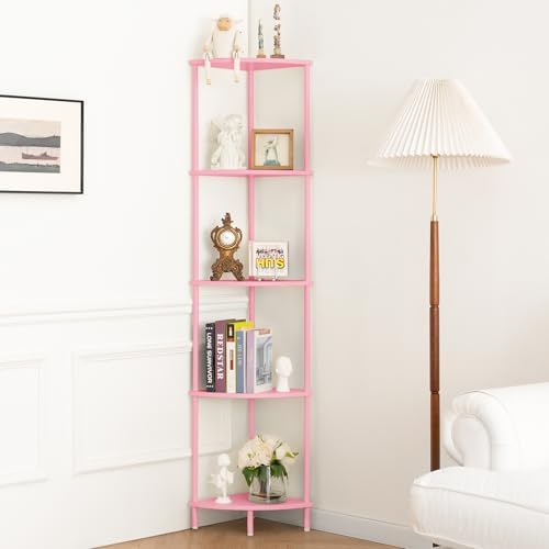 Yoobure Corner Shelf Stand, 5-Tier Bookshelf, 65" Tall Shelves for Bedroom, Living Room, Narrow Display Bookcase, Pink w