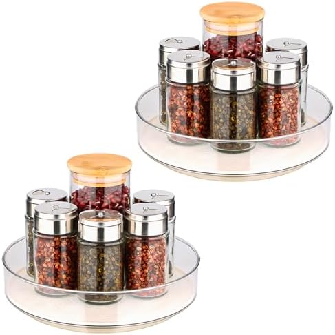 2 Pack Lazy Susan Organizer for Cabinet：Lazy Susan Turntable (8 Inch) with Non-Slip Mat and Handles,Turntable Rack for K