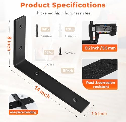 Shelf Bracket 8 Pack 14" Lx8 H 5mm Thick Heavy Duty Black L Brackets