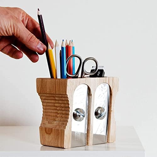 Suck UK Pen Holder - Wooden Pencil Sharpener - Stationary Organiser - Desk Tidy - Quirky Office Desk Accessories - Funny Pencil Pot - Novelty Pen Holder - Vintage Teacher Gifts For Men - Double