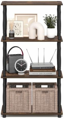 Furinno Turn-N-Tube Storage Shelves, 4-Tier Open Frame Book Shelf, Standing Corner Shelf, Toolless Open Shelves, Classic