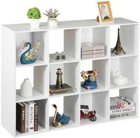 Nouva 12-Cube Storage Organizer Bookcase Shelf, Freestanding Open Wooden Cubical Display Bookshelf with 6 Removable Back