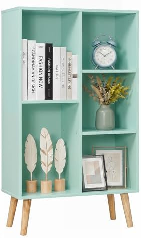 YAHARBO Small Green Bookshelf,3 Tier Modern Kids Bookcase with Legs,5 Cube Wooden Bookshelves Storage Shelf,Book Shelves