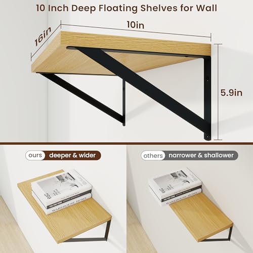 Axeman Deep Floating Shelves, 16'' x 10'' Oak Wall Shelves Set of 2