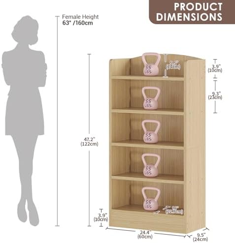 ALISENED 5-Tier Bookcase, Open Bookshelves and Bookcases with Storage Shelves, Floor Standing Unit, Display Storage Shel