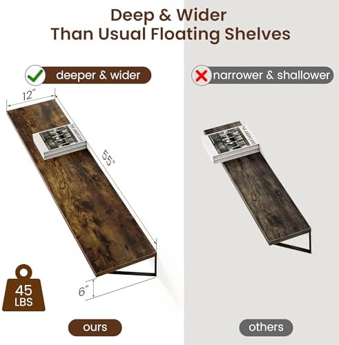 Axeman 12 Inch Deep Floating Shelves for Wall - 55 Inch Wide x 12 Inch Deep Wall Shelves Set of 2 - Rustic Wood Floating