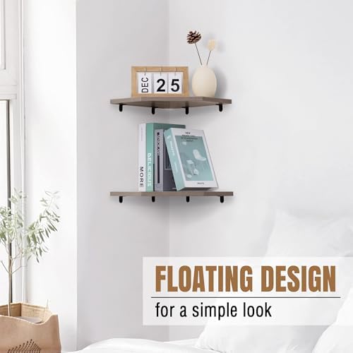 Fun Memories Corner Shelf Wall Mount, Floating Corner Shelves, Set of 2 Corner Wall Shelf Organizer, Rustic Wood Wall St