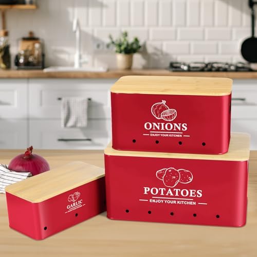 Kitchen Vegetable Storage Set of 3, Metal Onion Garlic Potato Storage Set, Kitchen Canisters Vegetable Keeper Containers