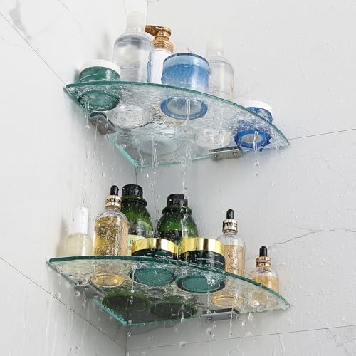 2-Pack Glass Corner Shower Shelves with Aluminium Brackets, 9.5 X 9.5 Tempered Glass Bathroom Shelf, Wall Mounted Organi