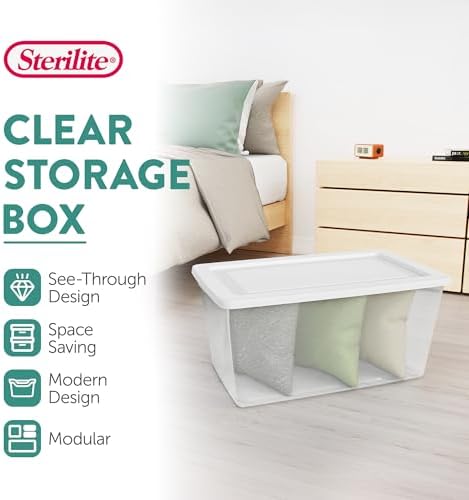 Sterilite Storage Box, Clear Plastic Snap Lid Tote, White, 90 Qt, 16-Pack