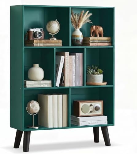 YAHARBO Dark Green Bookshelf,3 Tier Book Shelf with Legs, 7 Cube Minimalist Bookcase,Storage Organizer Shelves Display B