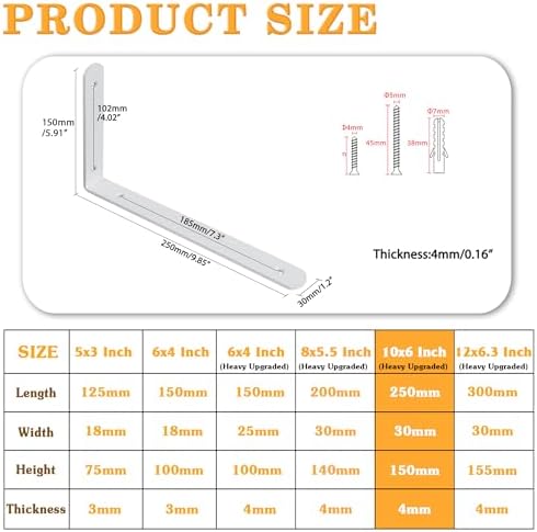 Alise Floating Shelf Brackets,White L Bracket for Shelves,10x6 Inch,4Pcs