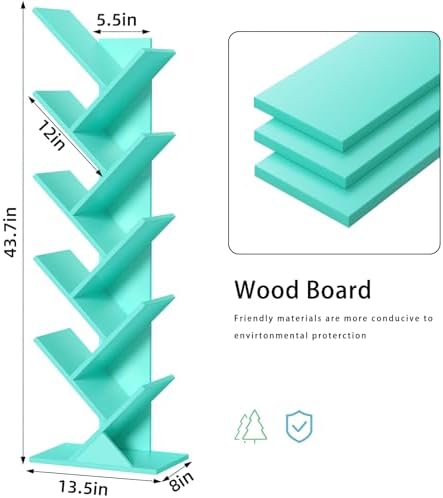 10 Tier Tree Book Shelf, Floor Standing Wood Bookshelf for Narrow Space